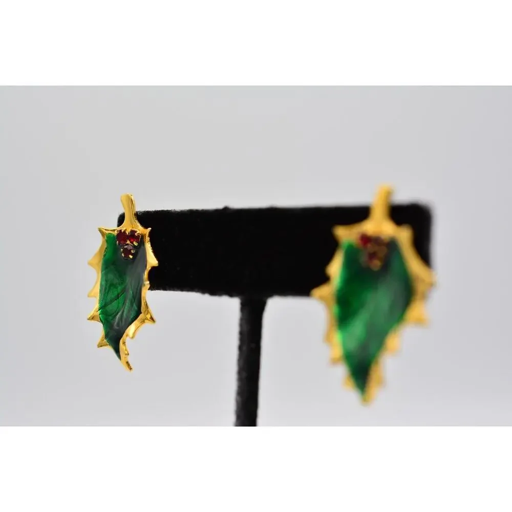 Vintage Christmas Clip On Earrings Holly Berry Green Enamel Gold Red 1980s BinAA